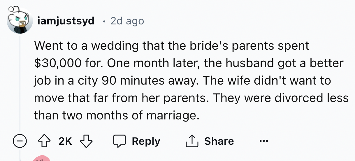 number - iamjustsyd. 2d ago Went to a wedding that the bride's parents spent $30,000 for. One month later, the husband got a better job in a city 90 minutes away. The wife didn't want to move that far from her parents. They were divorced less than two mon